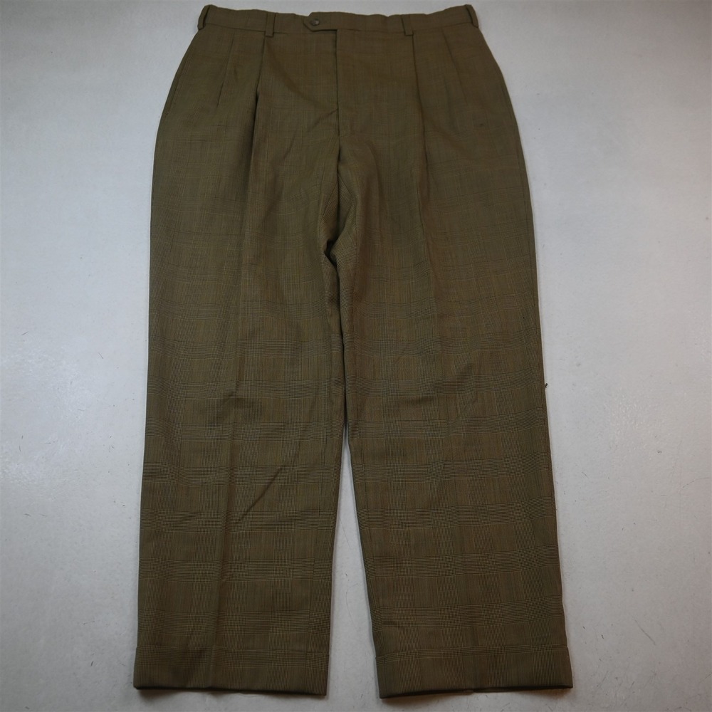 Vtg Tommy Hilfiger 34x30 Brown Glenn Check Wool Pleated Cuffed Dress Mens Pants
